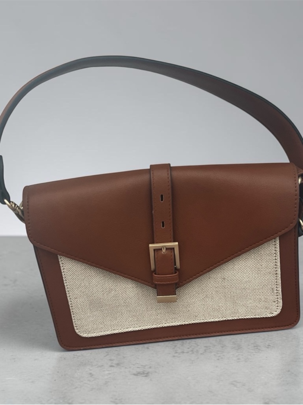 Brown Leather & Cream Canvas Shoulder Bag